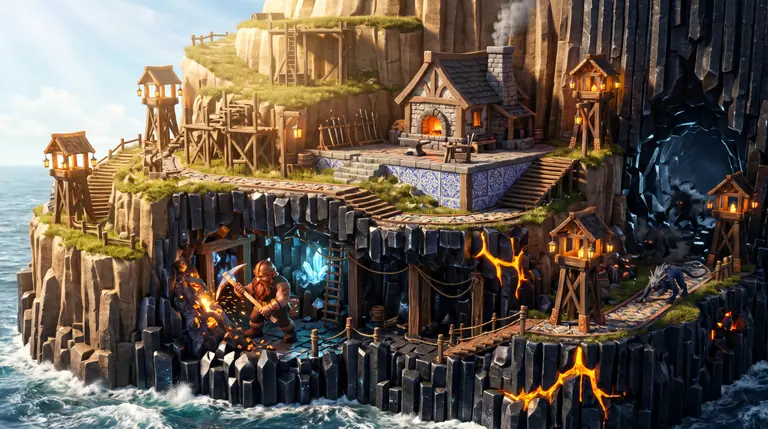 Diorama em socalcos de uma ilha onde um aventureiro barbudo escava cristais numa mina por baixo da sua oficina de pedra e madeira iluminada por lanternas.