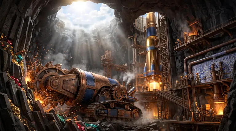 Corte subterrâneo mostrando uma enorme máquina perfuradora de bronze a abrir caminho por camadas de minério brilhante junto a um silo de construção de foguetão.