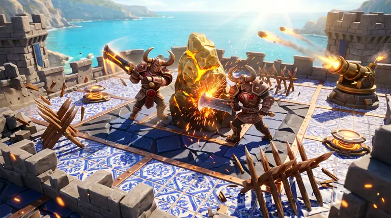 Arena costeira de combate e construção rápida com guerreiros de elmo de bronze entre armadilhas de espinhos, muralhas de pedra e torreões.